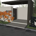Modern Storefront Facade Entrance With White Wall Black Frame Orange Leaf Tree Outdoor Lighting