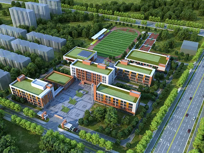 Aerial View of Modern School Buildings With Green Roofs Central Square and Sports Field 3d model