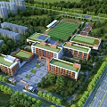 Aerial View of Modern School Buildings With Green Roofs Central Square and Sports Field