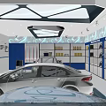 Car Dealership Showroom With New Cars Auto Parts Display Blue Wave Ceiling Information Kiosks