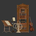 Classic Interior With Wooden Cabinet Music Stand French Horn And Cello