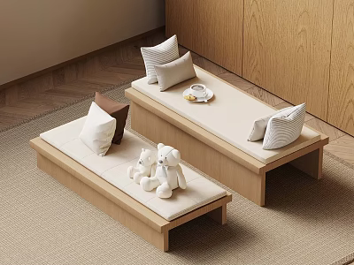 Cozy Wooden Benches With Cushions And Stuffed Toys In Interior With Wooden Walls And Carpet 3d model