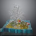 White Tree Sculpture On Transparent Blue Platform With Colorful Decor Elements