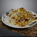 Delicious Fried Rice With Vegetables And Meat On White Decorative Edge Plate Over Brown Placemat