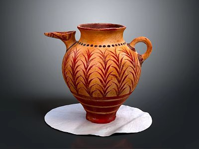 Ancient Ceramic Jug With Leaf Patterns Spout Handle On White Cloth Pad 3d model