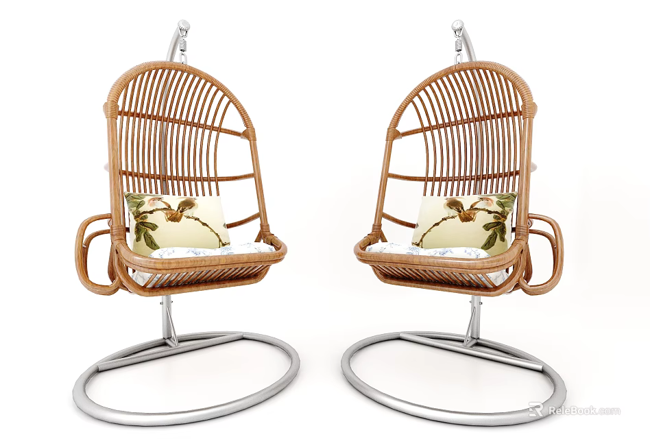 Wicker Hanging Swing Chairs with Metal Stand and Palm Leaf Pattern Cushions 3d model 