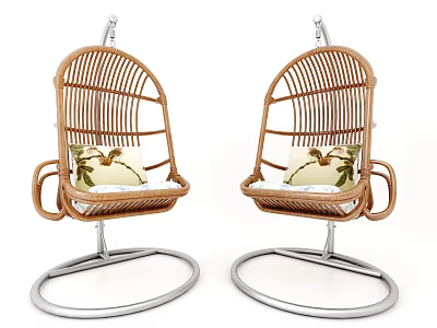Wicker Hanging Swing Chairs with Metal Stand and Palm Leaf Pattern Cushions 3d model