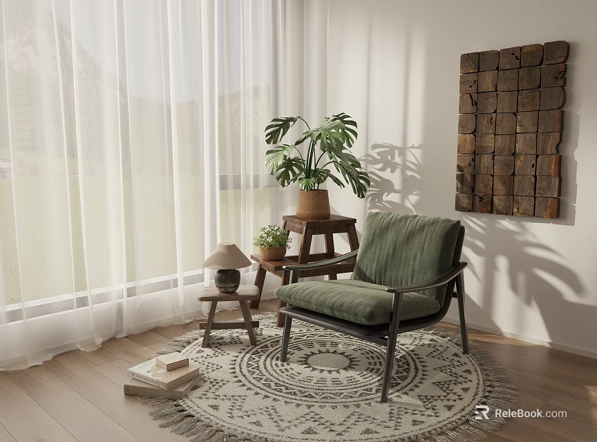Stylish Green Lounge Chair With Stool Lamp Monstera Plant And Patterned Rug Near White Curtains 3d model 