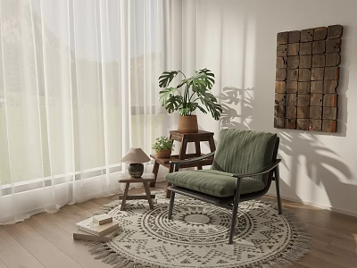 Stylish Green Lounge Chair With Stool Lamp Monstera Plant And Patterned Rug Near White Curtains 3d model