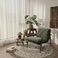 Stylish Green Lounge Chair With Stool Lamp Monstera Plant And Patterned Rug Near White Curtains
