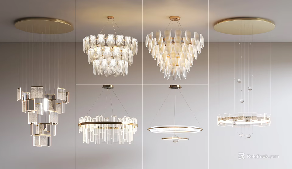 Modern Lighting Combinations with Pendant Lights Glass Shades Crystal Accents and Metal Frames 3d model 