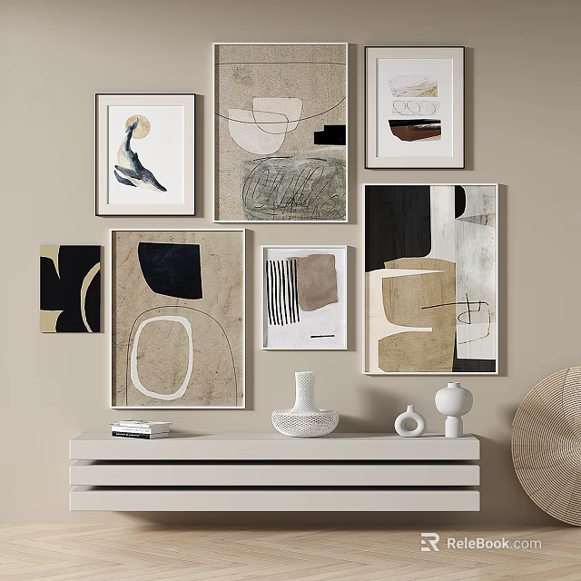Abstract Wall Art Collection With White Cabinet Decorative Vases And Minimalist Interior 3d model 