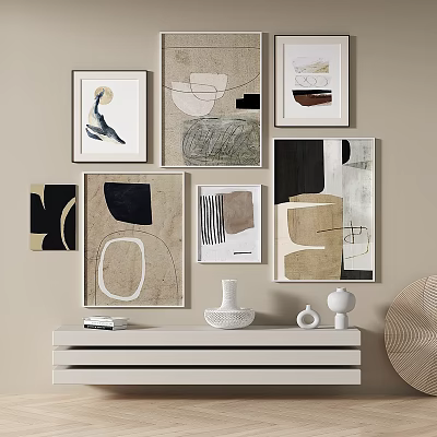 Abstract Wall Art Collection With White Cabinet Decorative Vases And Minimalist Interior 3d model