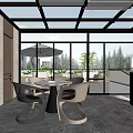 Modern Villa Balcony Design With Glass Windows Outdoor Dining Set And Green Plants