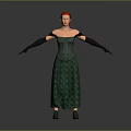 Woman with red hair wearing green corset and long dress with black gloves