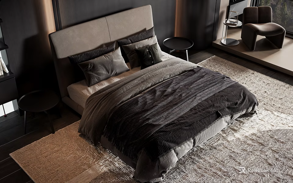 Sleek Modern Double Bed With Grey Headboard Black Grey Bedding Nightstands And Textured Rug 3d model 
