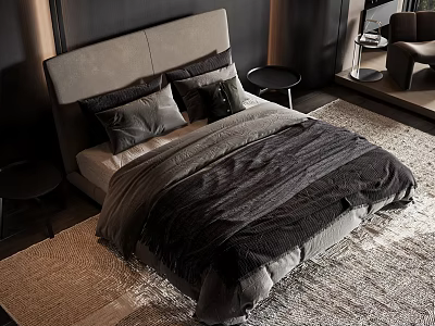 Sleek Modern Double Bed With Grey Headboard Black Grey Bedding Nightstands And Textured Rug 3d model