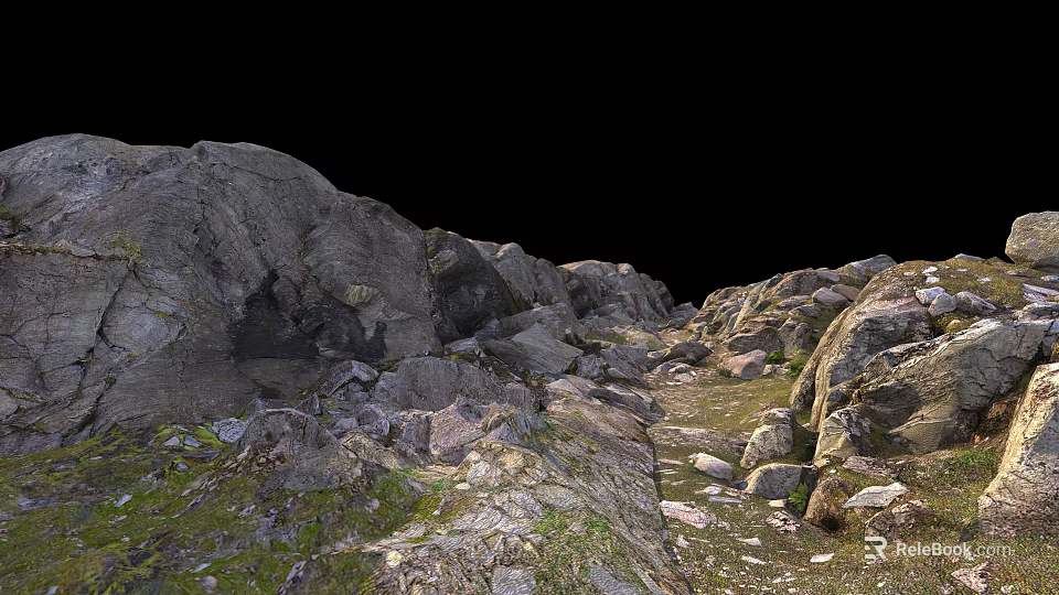 Stone Wood Natural Landscape With Rocky Terrain Green Grass And Path 3d model 