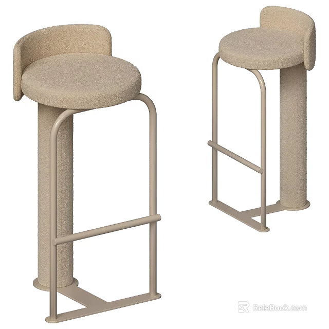 Light Brown Bar Stools With Curved Metal Frame And Round Fabric Seat 3d model 