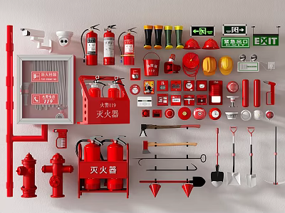 Comprehensive Fire Equipment Collection Including Extinguishers Hydrants Helmets Axes And Exit Signs 3d model