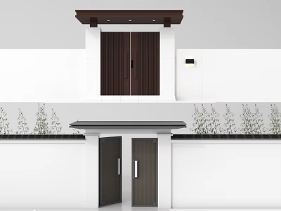Garden Wall With Dark Colored Double Doors Eave And Plants On Both Sides 3d model