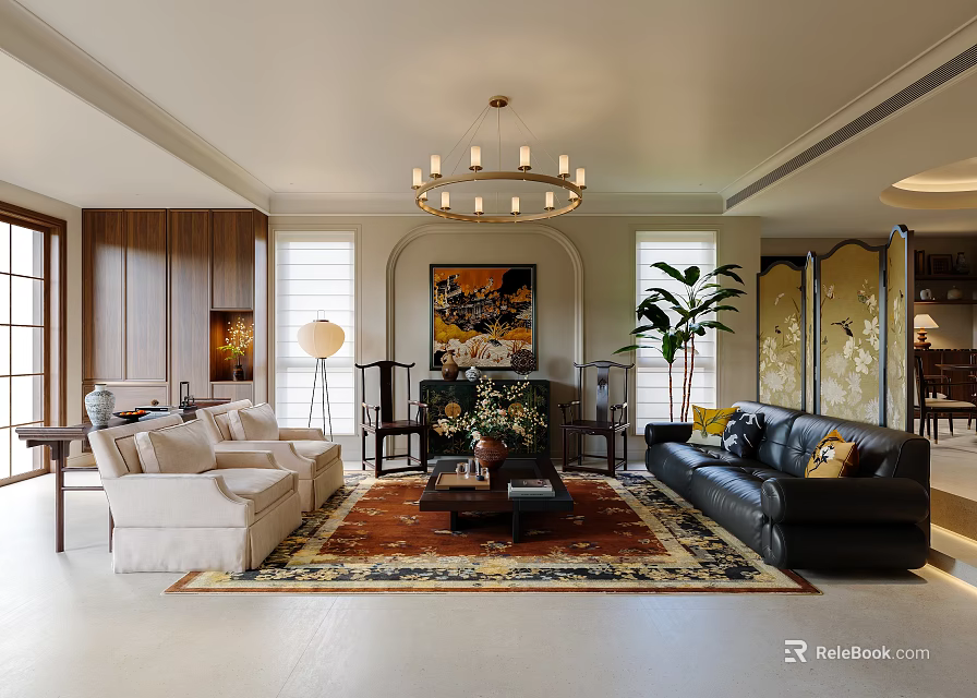 Modern Living Dining Room Interior With Leather Sofa Area Rug And Decorative Artwork 3d model 