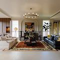 Modern Living Dining Room Interior With Leather Sofa Area Rug And Decorative Artwork