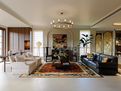 Modern Living Dining Room Interior With Leather Sofa Area Rug And Decorative Artwork 3d model