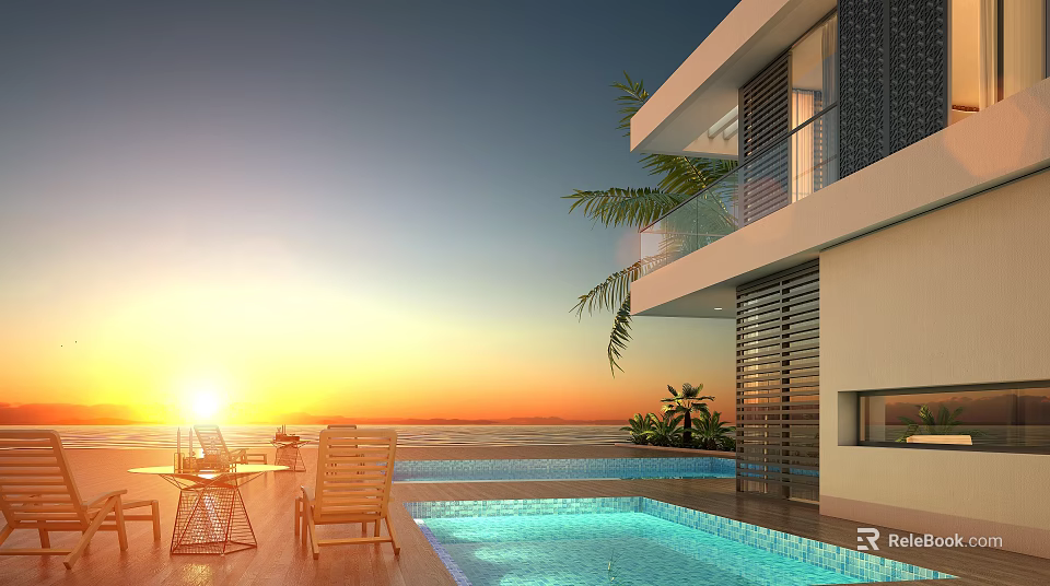 Breathtaking Seaside Landscape with Modern Villa Swimming Pool Sunset Ocean View Deck Chairs Palm Trees 3d model 