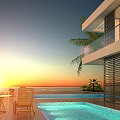 Breathtaking Seaside Landscape with Modern Villa Swimming Pool Sunset Ocean View Deck Chairs Palm Trees