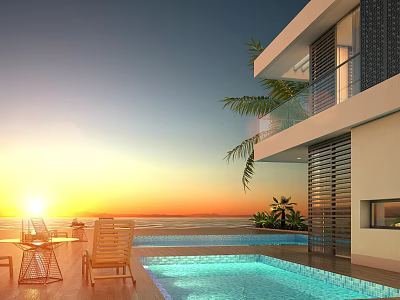 Breathtaking Seaside Landscape with Modern Villa Swimming Pool Sunset Ocean View Deck Chairs Palm Trees 3d model