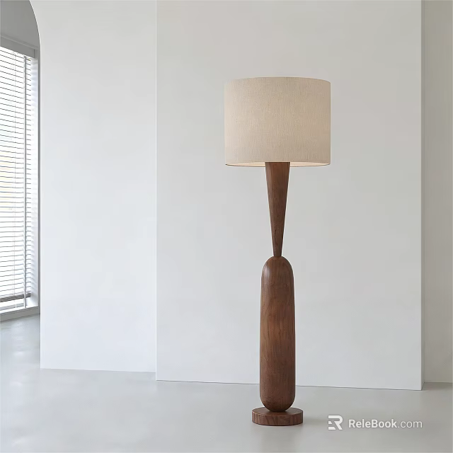 Modern Wooden Floor Lamp With White Fabric Lampshade In Minimalist Interior 3d model 