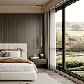 Modern Bedroom Interior Design With Wooden Wall White Bed Pillows And Floor to Ceiling Windows