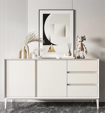 Modern White Entryway Console Cabinet with Vases Dried Flowers and Geometric Painting 3d model