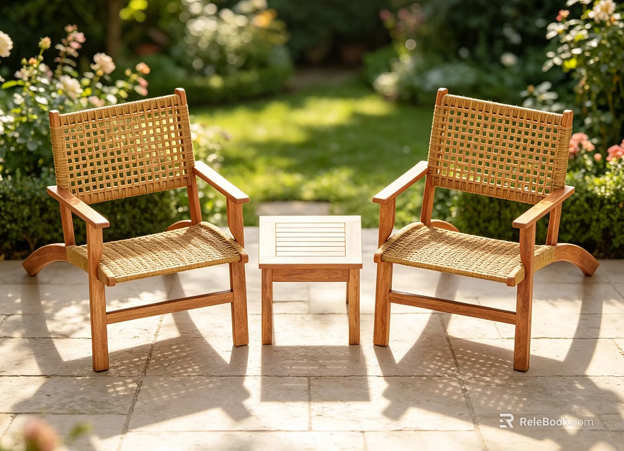 Rattan Woven Outdoor Leisure Chairs With Wooden Frame And Small Coffee Table In Garden 3d model 