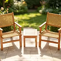Rattan Woven Outdoor Leisure Chairs With Wooden Frame And Small Coffee Table In Garden