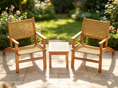 Rattan Woven Outdoor Leisure Chairs With Wooden Frame And Small Coffee Table In Garden 3d model