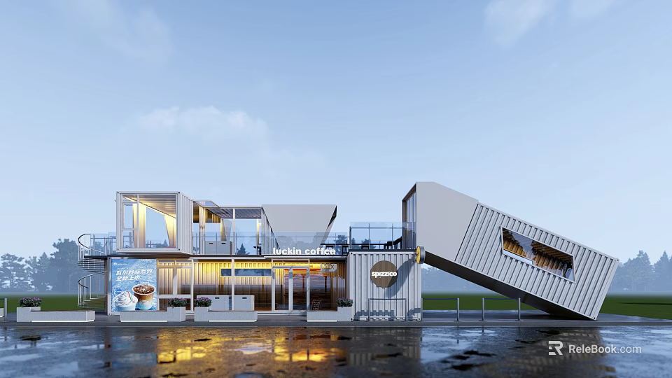 Modern Container Building Cafe With Glass Curtain Wall Terrace Staircase And Warm Lighting 3d model 
