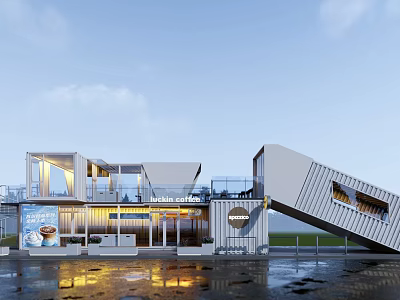 Modern Container Building Cafe With Glass Curtain Wall Terrace Staircase And Warm Lighting 3d model