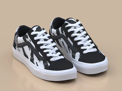 Black and White Casual Sneakers with Graffiti Design on Upper White Laces and Sole 3d model