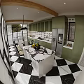 Cozy Modern Restaurant Interior With Green Cabinets Black White Geometric Tile Backsplash Wooden Beams Pendant Lights Dining Table And Bar Counter Stools