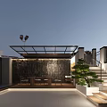 Modern Garden Landscape With Glass Roof Wooden Deck Stone Wall And Green Plants