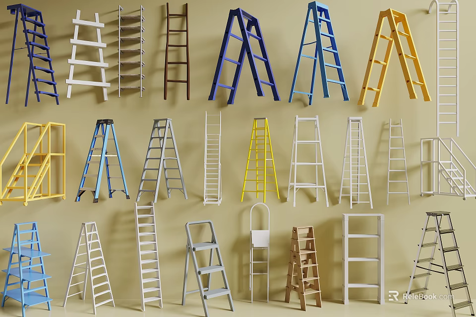Hardware Tools Collection of Various Ladders in Different Colors and Styles 3d model 