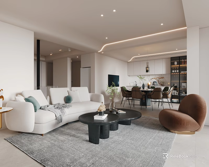 Modern Living and Dining Room Interior With White Sofa Coffee Table And Dining Chairs 3d model 