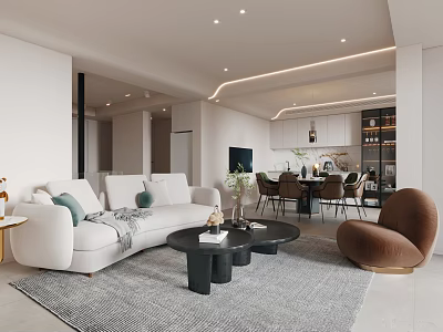 Modern Living and Dining Room Interior With White Sofa Coffee Table And Dining Chairs 3d model