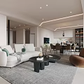 Modern Living and Dining Room Interior With White Sofa Coffee Table And Dining Chairs