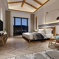 Modern Hotel Room Interior With Wooden Beam Ceiling Herringbone Floor King Bed And Large Windows