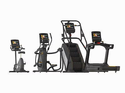 Modern Fitness Equipment Collection Including Exercise Bikes Elliptical Machines Stair Climbers Treadmills With Display Screens 3d model