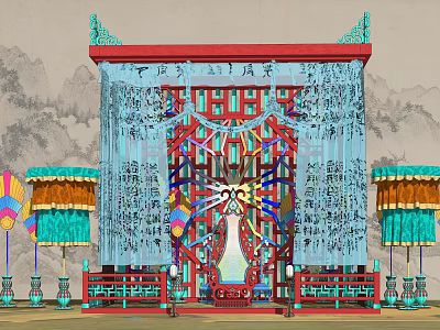 Traditional Chinese Armchair With Red Blue Decor And Intricate Screen Design 3d model
