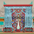 Traditional Chinese Armchair With Red Blue Decor And Intricate Screen Design